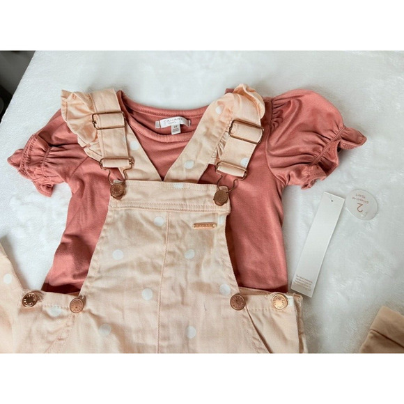 Tahari Girl 2T - Denim 2 PC Brand New Overalls Pink Polka Dot Ruffle Sleeve - Picture 3 of 13